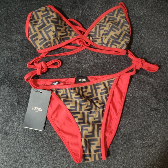 Fendi Red and Brown Geometric Bikini swimsuit - Picture 1 of 2